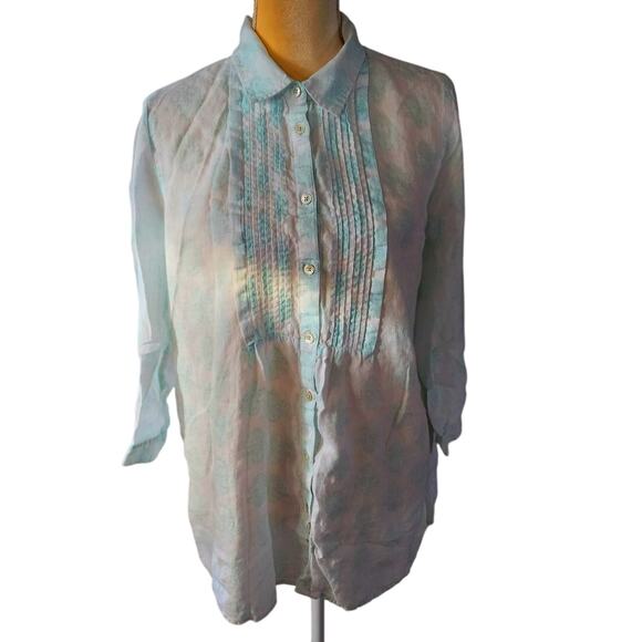J. Jill Teal Linen Patterned Button Down Beach Coastal Pleated Shirt Medium - Picture 1 of 8